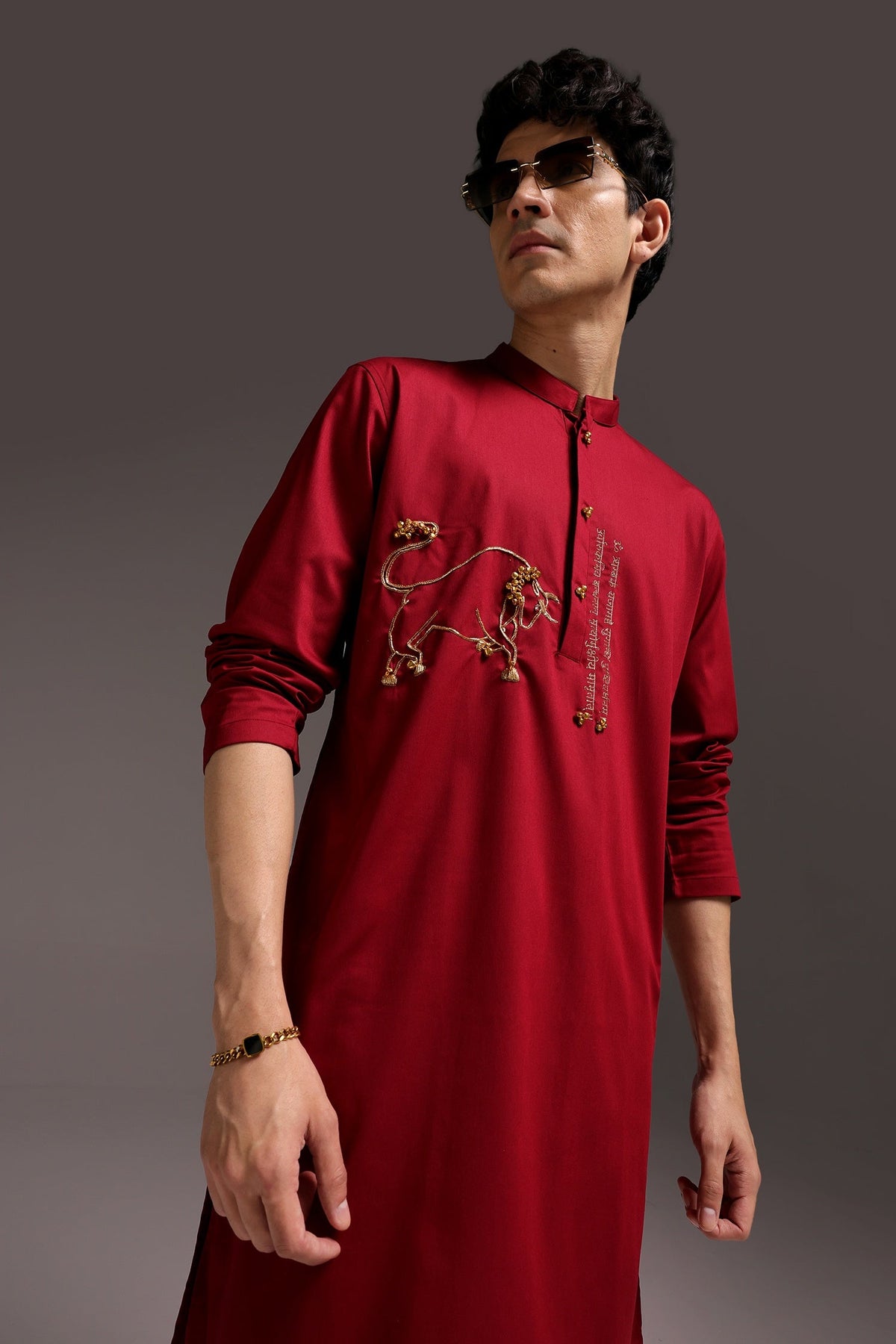 Nandi(Bull) - Hand Embroidered Designer Kurta - Burgandy