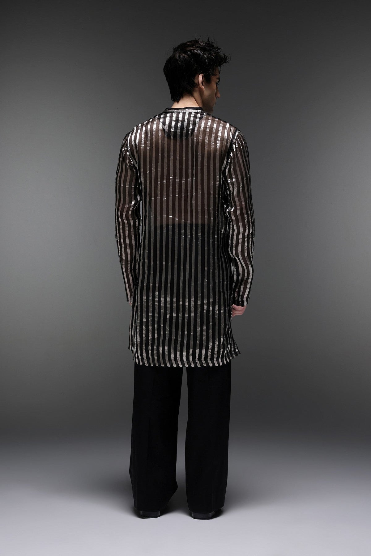 Black Tissue Stripes - Hand Embroidered Designer Kurta - Black
