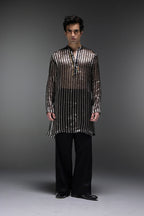 Black Tissue Stripes - Hand Embroidered Designer Kurta - Black