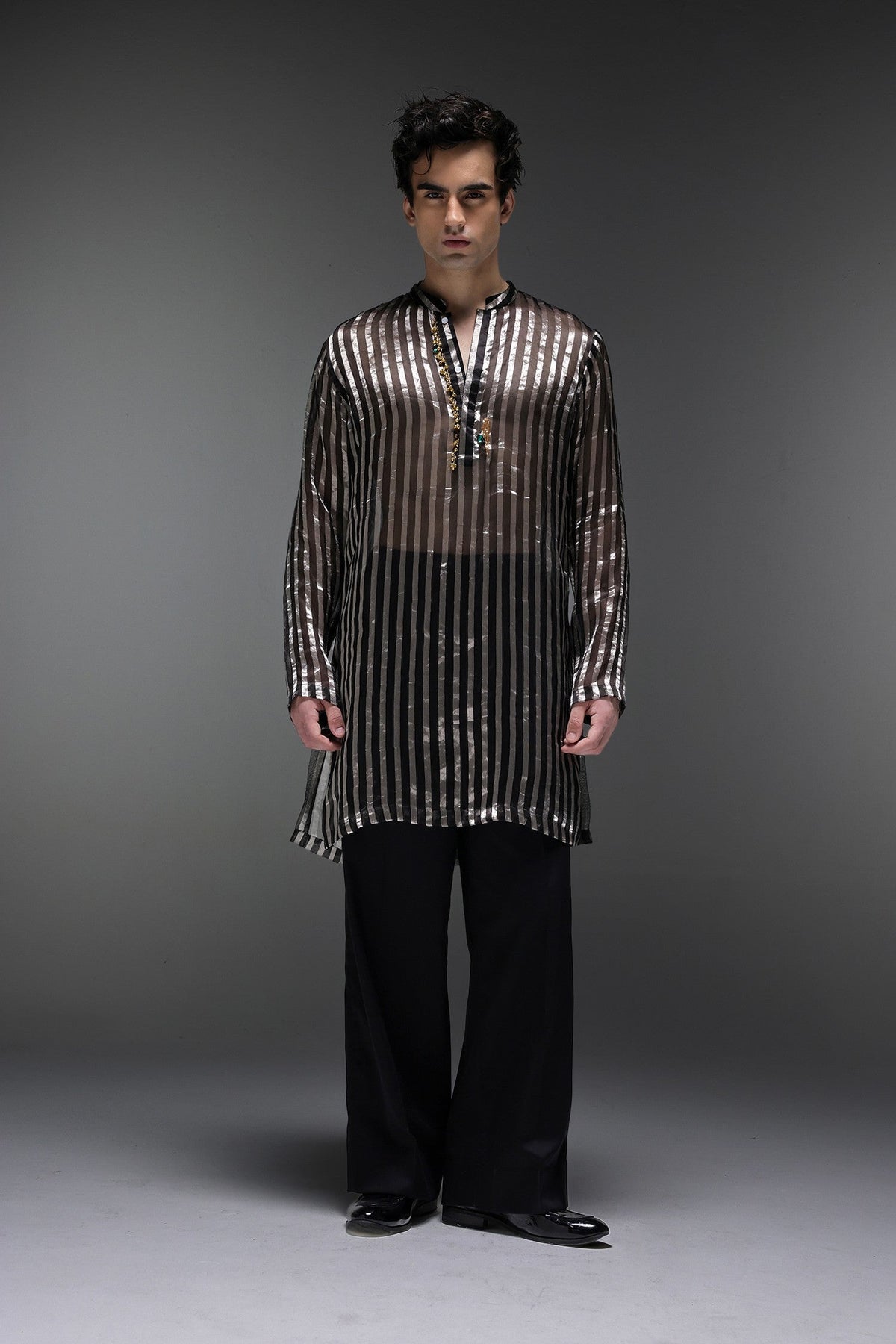 Black Tissue Stripes - Hand Embroidered Designer Kurta - Black