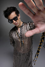 Black Tissue Stripes - Hand Embroidered Designer Kurta - Black