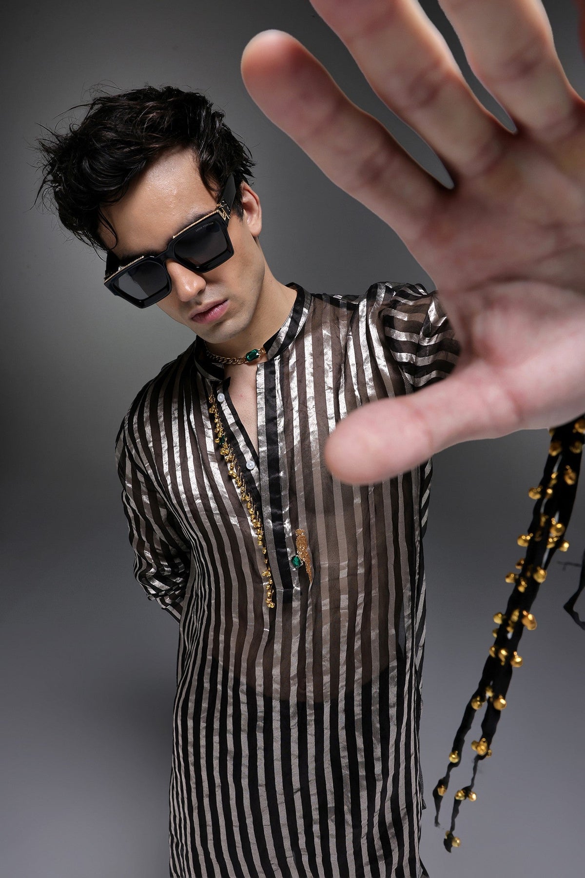 Black Tissue Stripes - Hand Embroidered Designer Kurta - Black