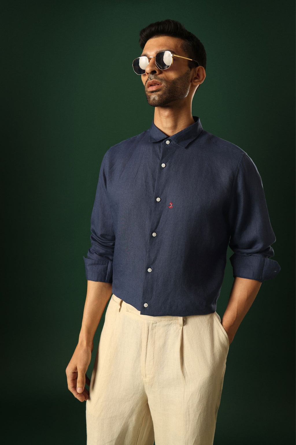Anchor Hand Embroidered Irish Linen Shirt - Navy