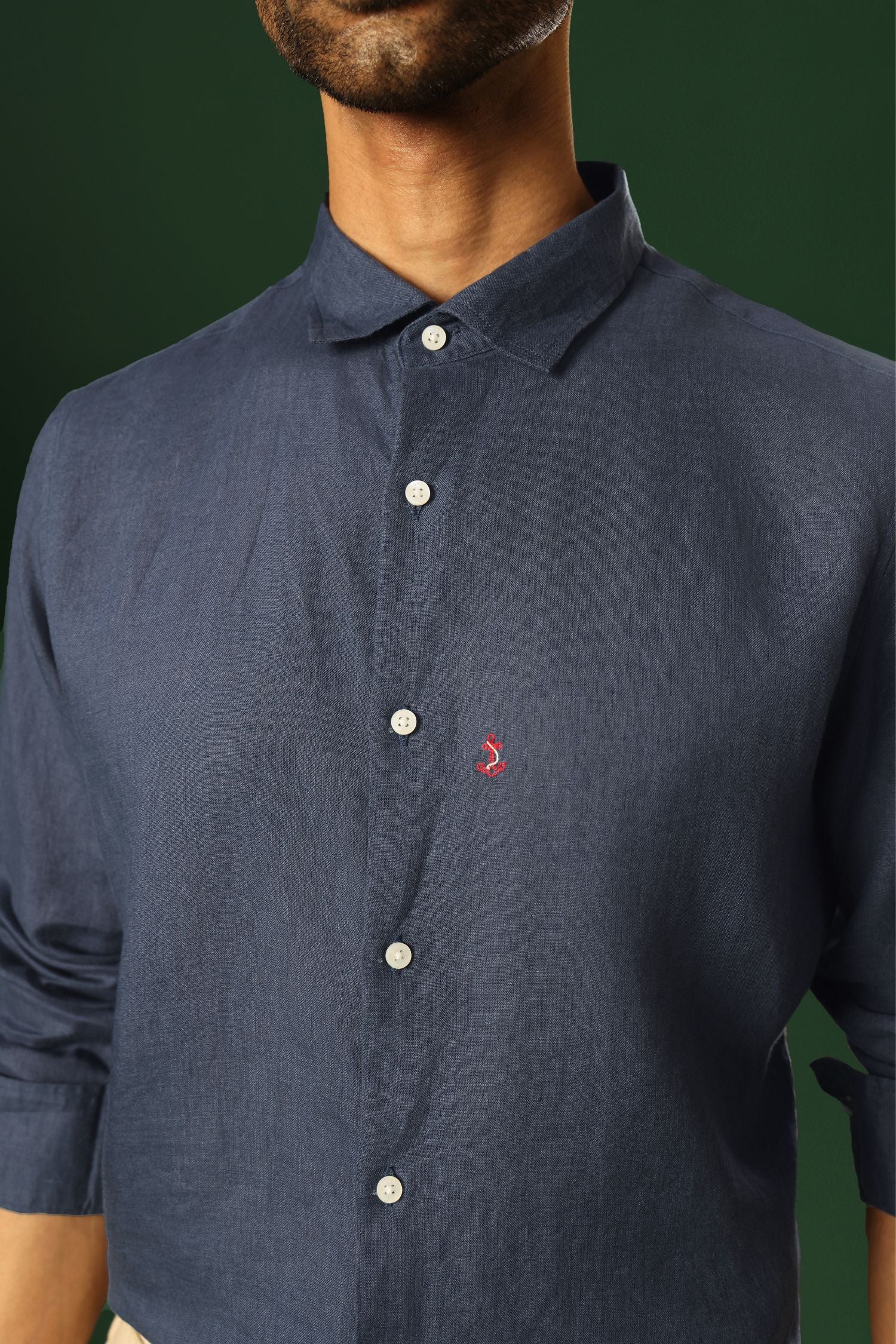 Anchor Hand Embroidered Irish Linen Shirt - Navy