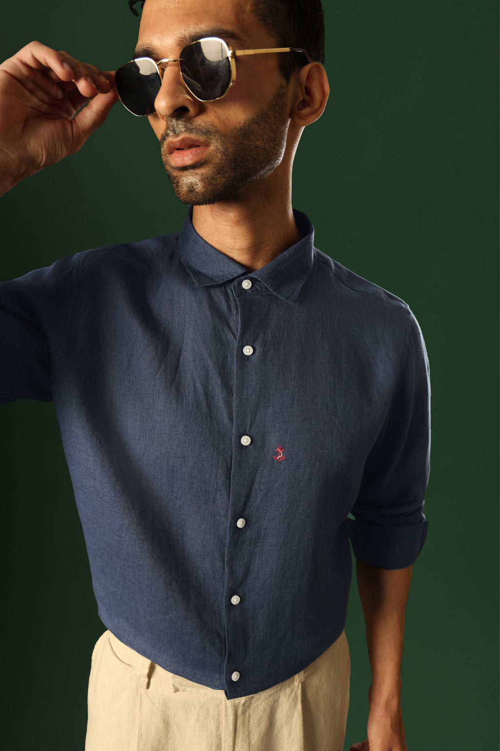 Anchor Hand Embroidered Irish Linen Shirt - Navy