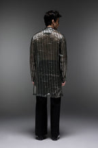 Bottle Green Tissue Stripes - Hand Embroidered Designer Kurta - Bottle Green