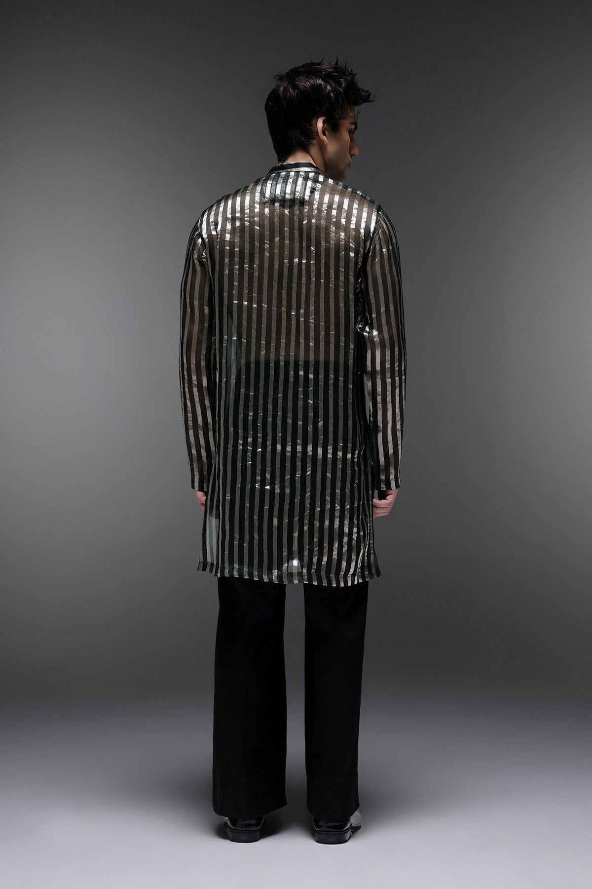 Bottle Green Tissue Stripes - Hand Embroidered Designer Kurta - Bottle Green
