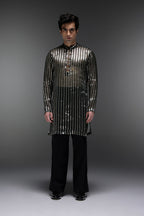Bottle Green Tissue Stripes - Hand Embroidered Designer Kurta - Bottle Green
