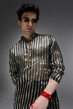 Bottle Green Tissue Stripes - Hand Embroidered Designer Kurta - Bottle Green