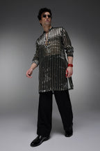 Bottle Green Tissue Stripes - Hand Embroidered Designer Kurta - Bottle Green