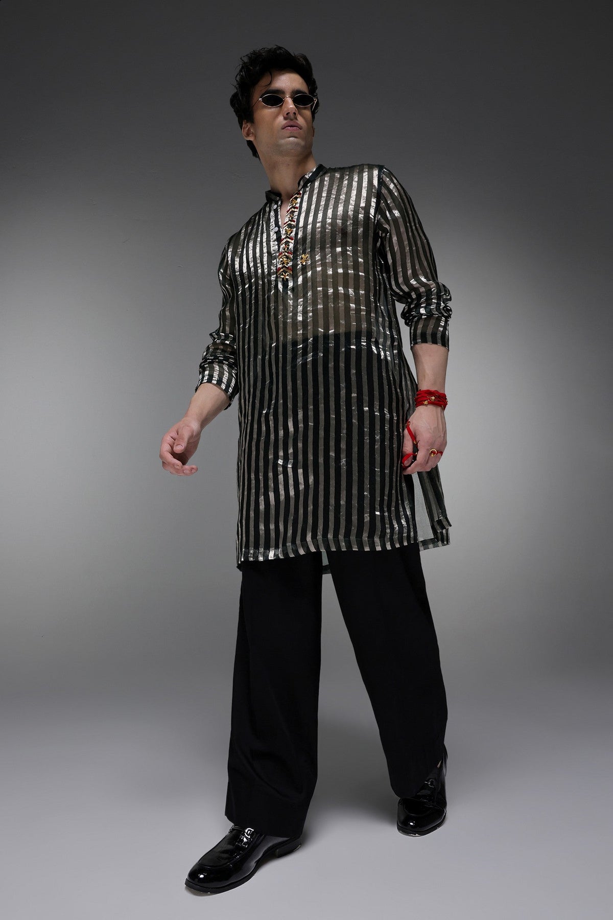 Bottle Green Tissue Stripes - Hand Embroidered Designer Kurta - Bottle Green