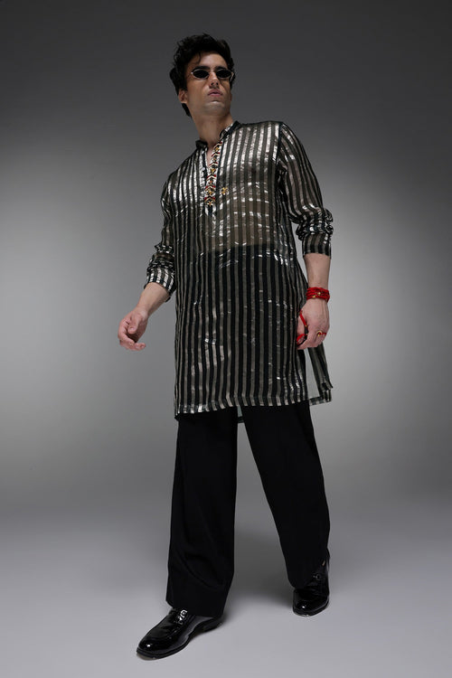 Bottle Green Tissue Stripes - Hand Embroidered Designer Kurta - Bottle Green
