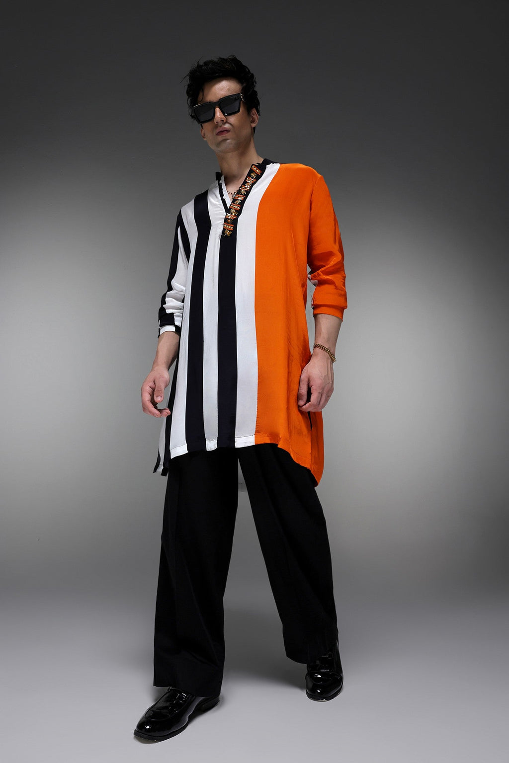 Buzz(Bee) - Hand Embroidered Designer Kurta - Tangerine With Stripes