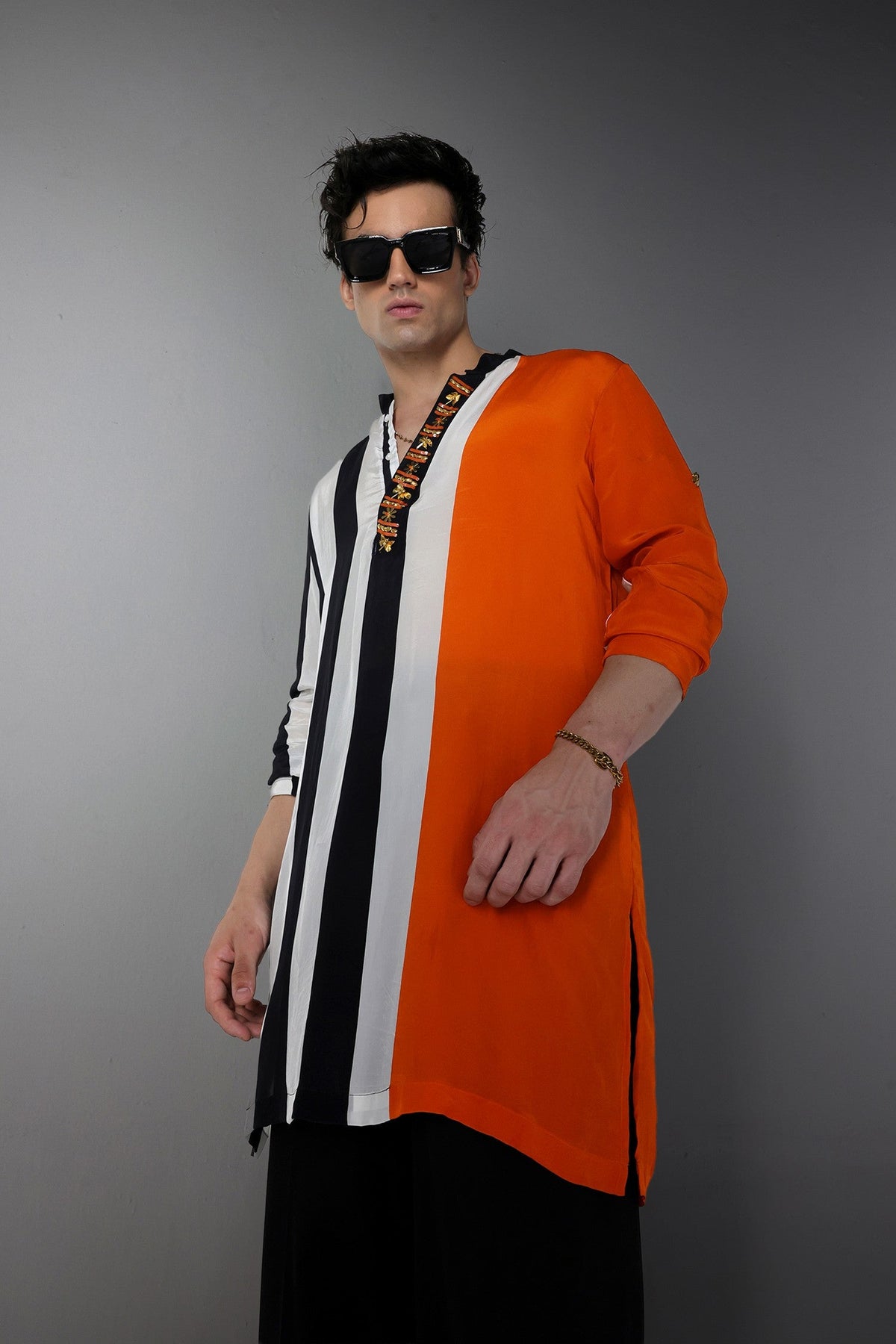 Buzz(Bee) - Hand Embroidered Designer Kurta - Tangerine With Stripes