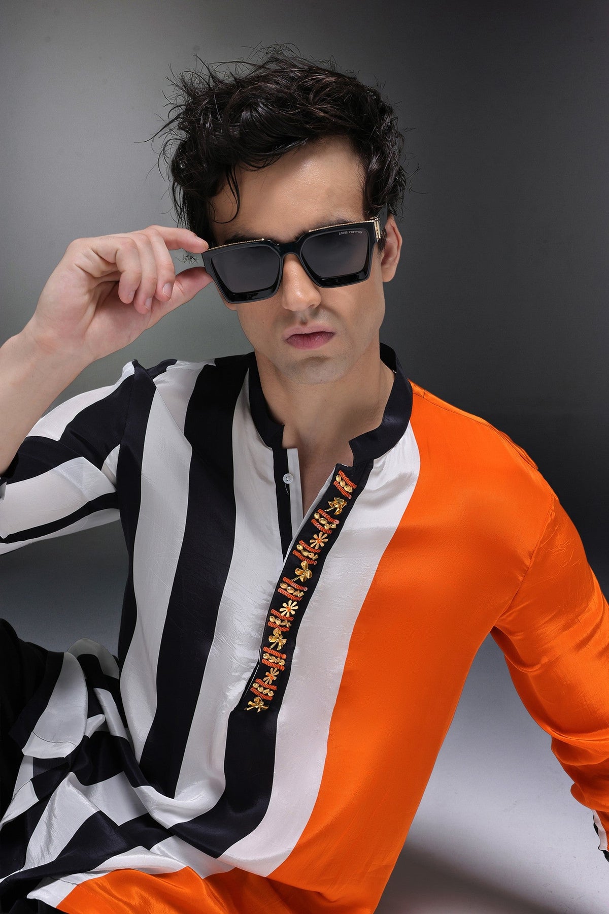 Buzz(Bee) - Hand Embroidered Designer Kurta - Tangerine With Stripes
