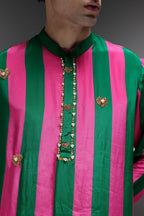 Clio - Hand Embroidered Designer Kurta - Pink & Green