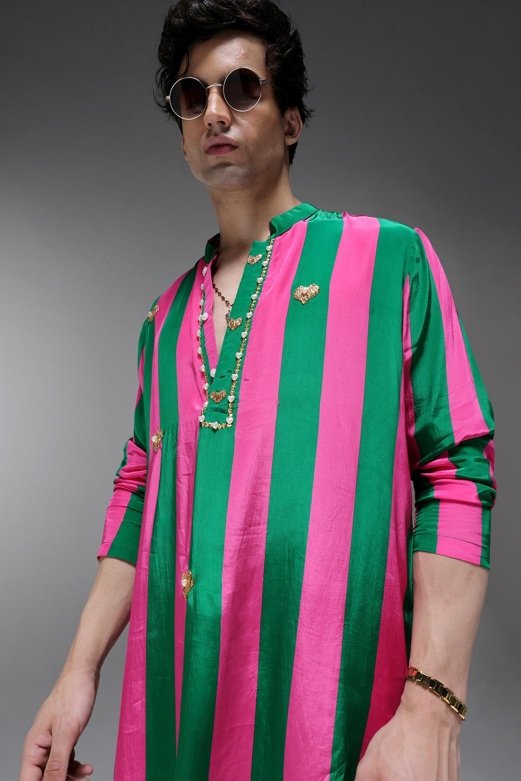 Clio - Hand Embroidered Designer Kurta - Pink & Green