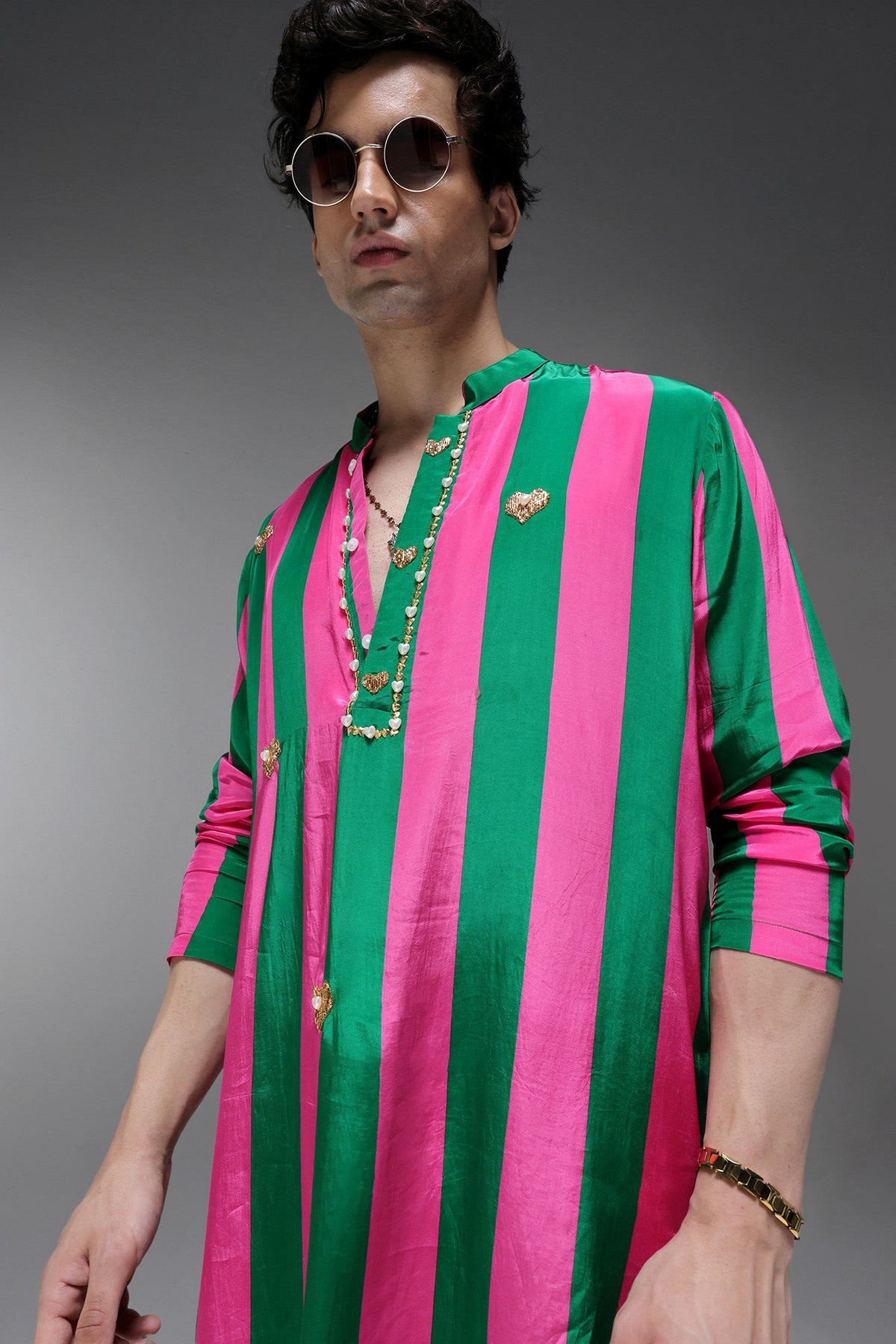 Clio - Hand Embroidered Designer Kurta - Pink & Green