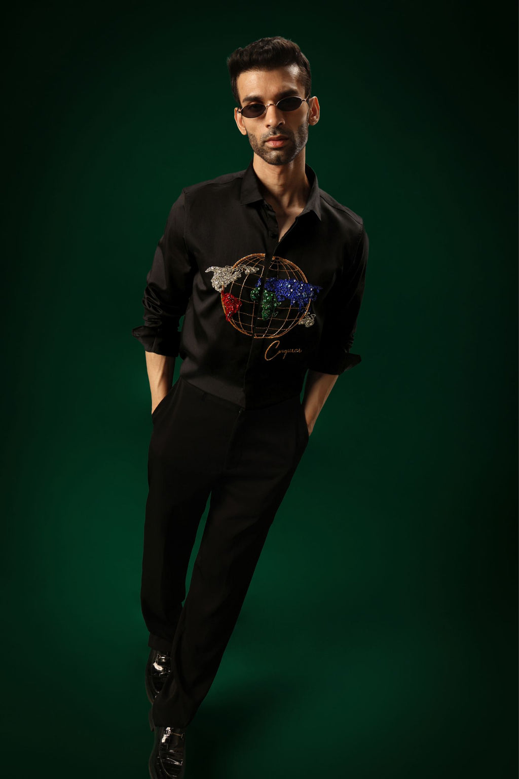 Conquerer(Globe) - Hand Embroidered Designer Shirt