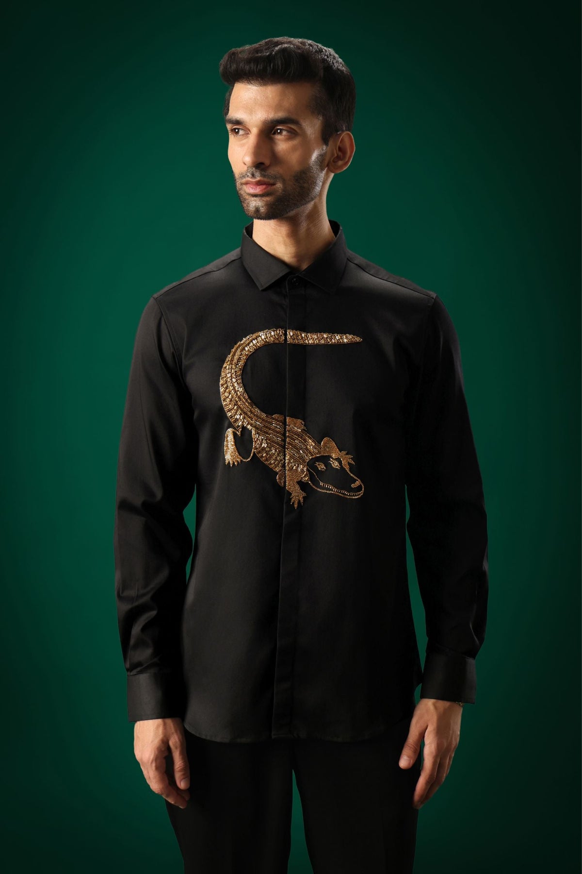 Crocodile - Hand Embroidered Designer Shirt - Black