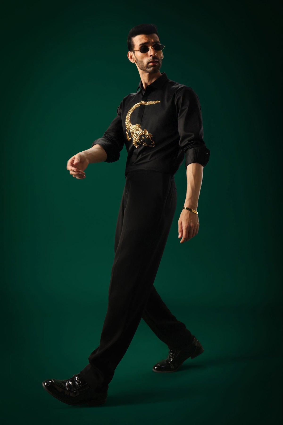 Crocodile - Hand Embroidered Designer Shirt - Black