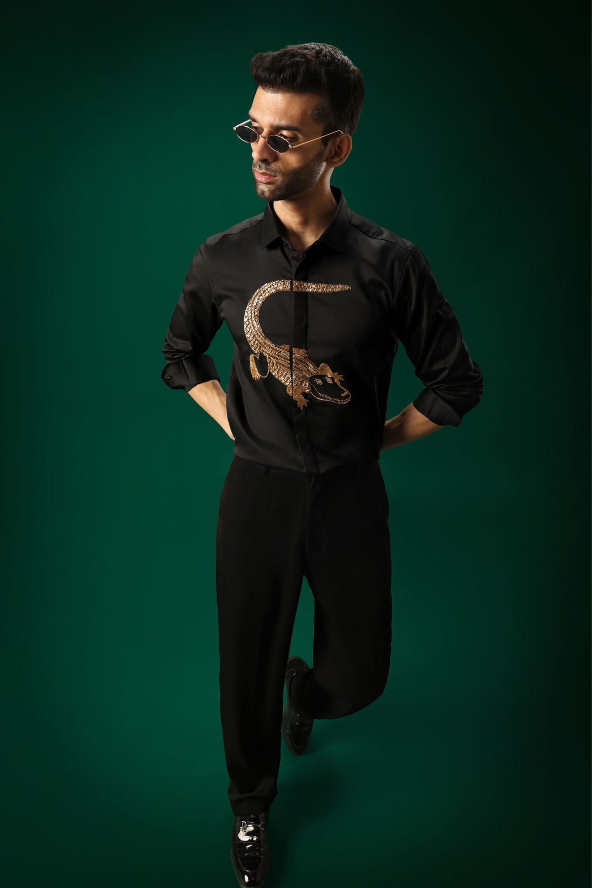Crocodile - Hand Embroidered Designer Shirt - Black