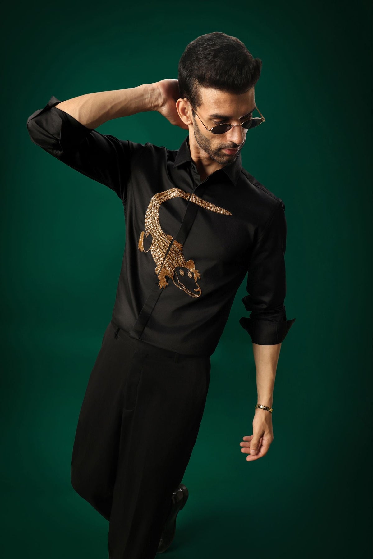 Crocodile - Hand Embroidered Designer Shirt - Black