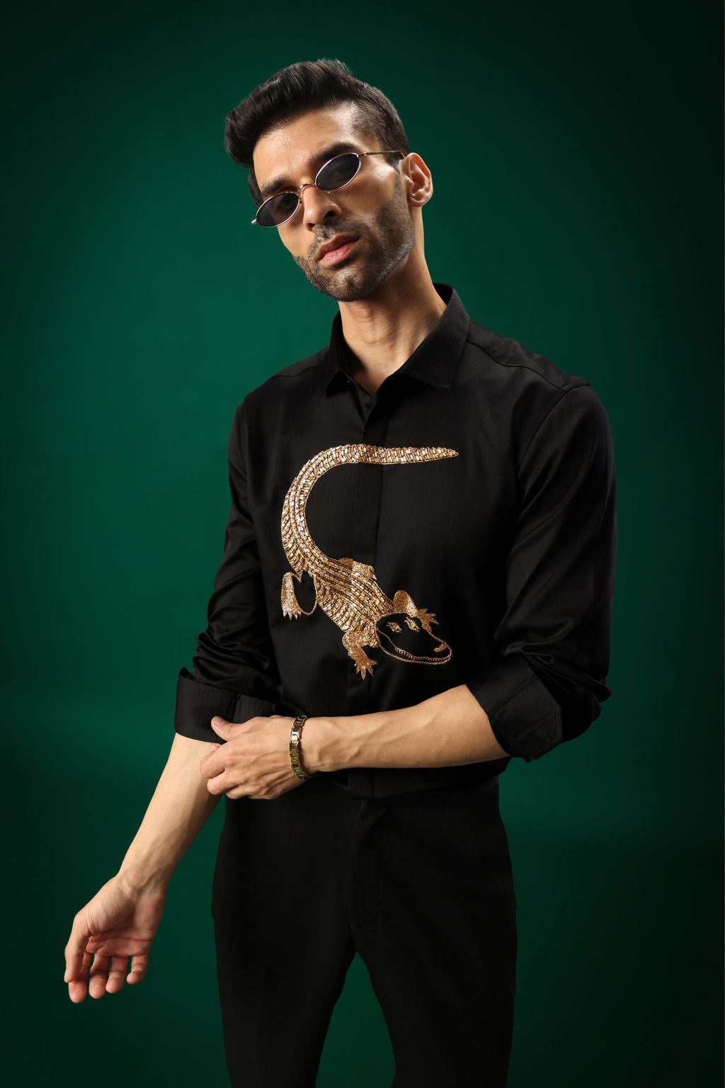 Crocodile - Hand Embroidered Designer Shirt - Black