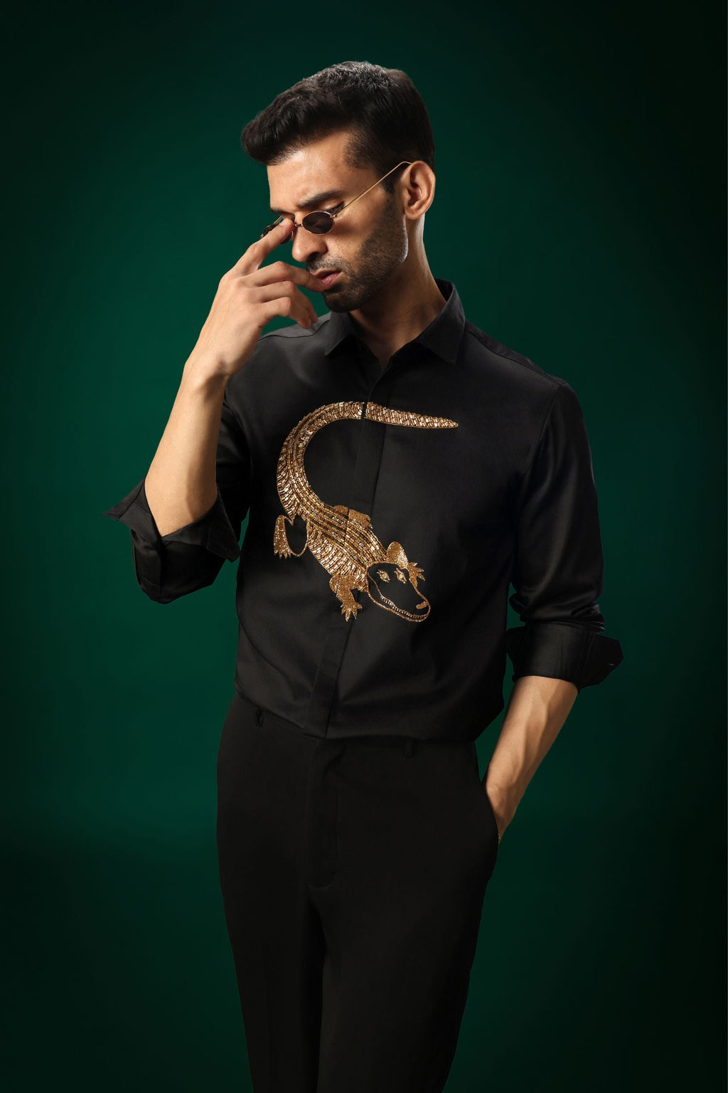 Crocodile - Hand Embroidered Designer Shirt - Black