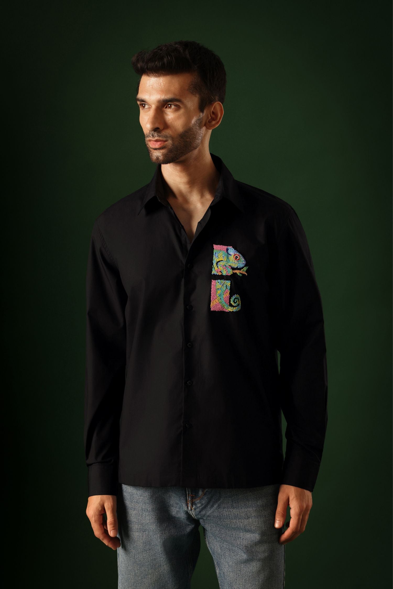 Chameleon - Hand Embroidered Designer Shirt - Black