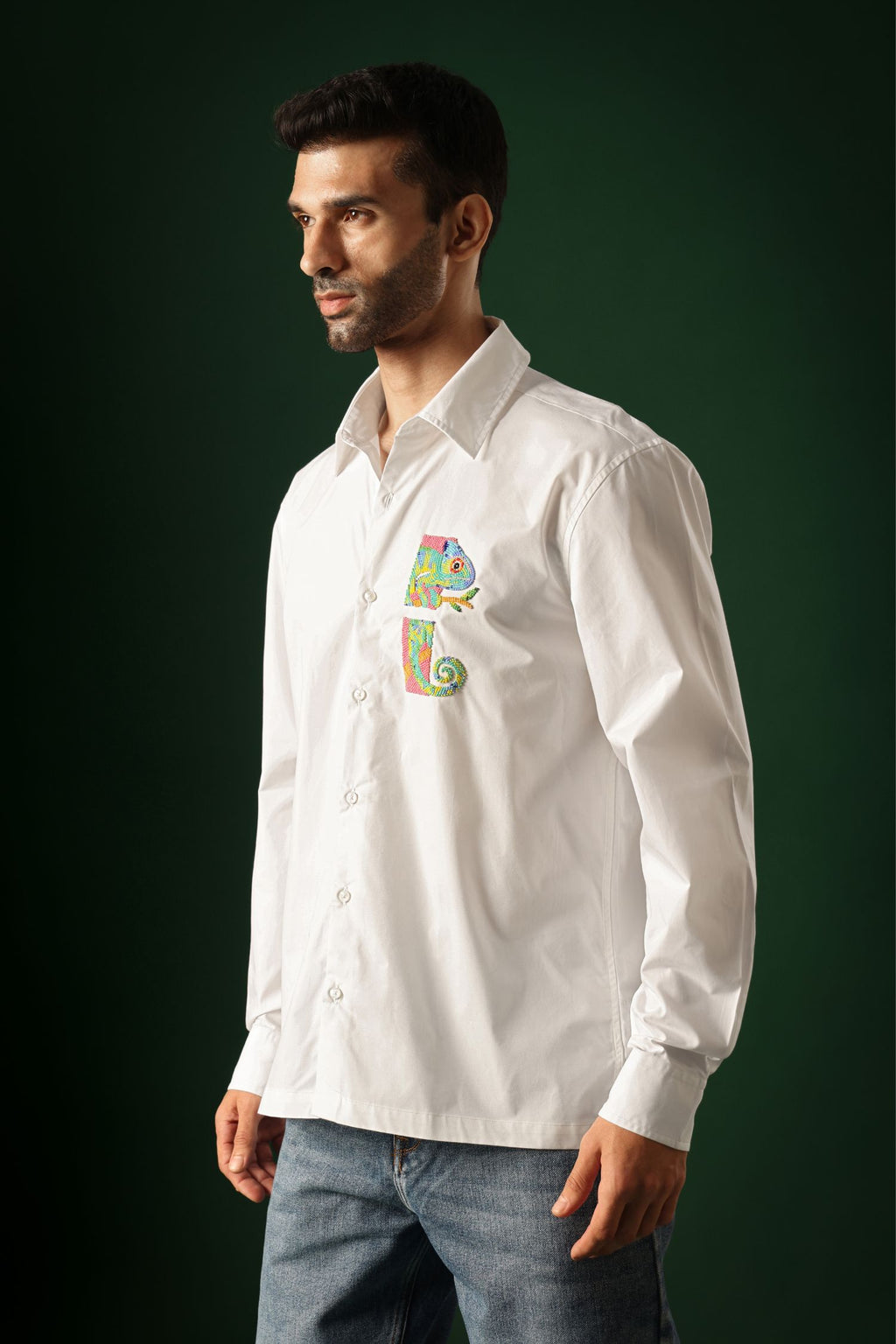 Chameleon - Hand Embroidered Designer Shirt - White