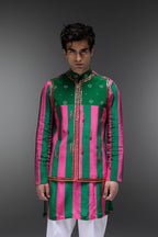 Elaris - Hand Embroidered Designer Bundi With Kurta - Pink & Green