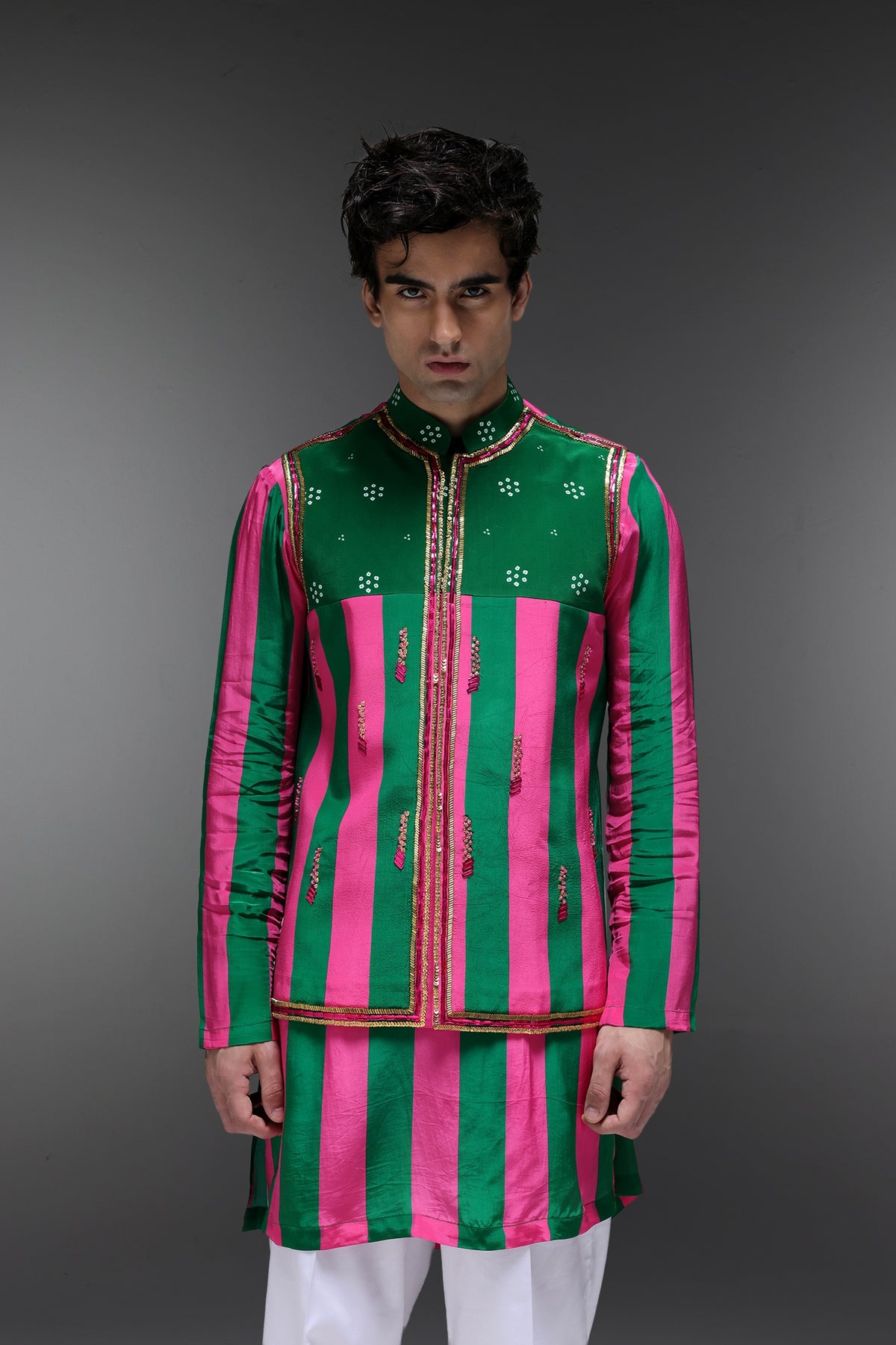Elaris - Hand Embroidered Designer Bundi With Kurta - Pink & Green