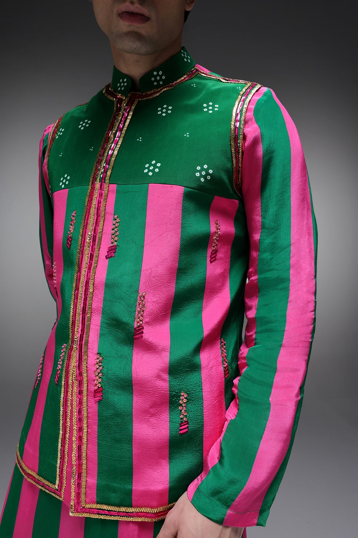 Elaris - Hand Embroidered Designer Bundi With Kurta - Pink & Green