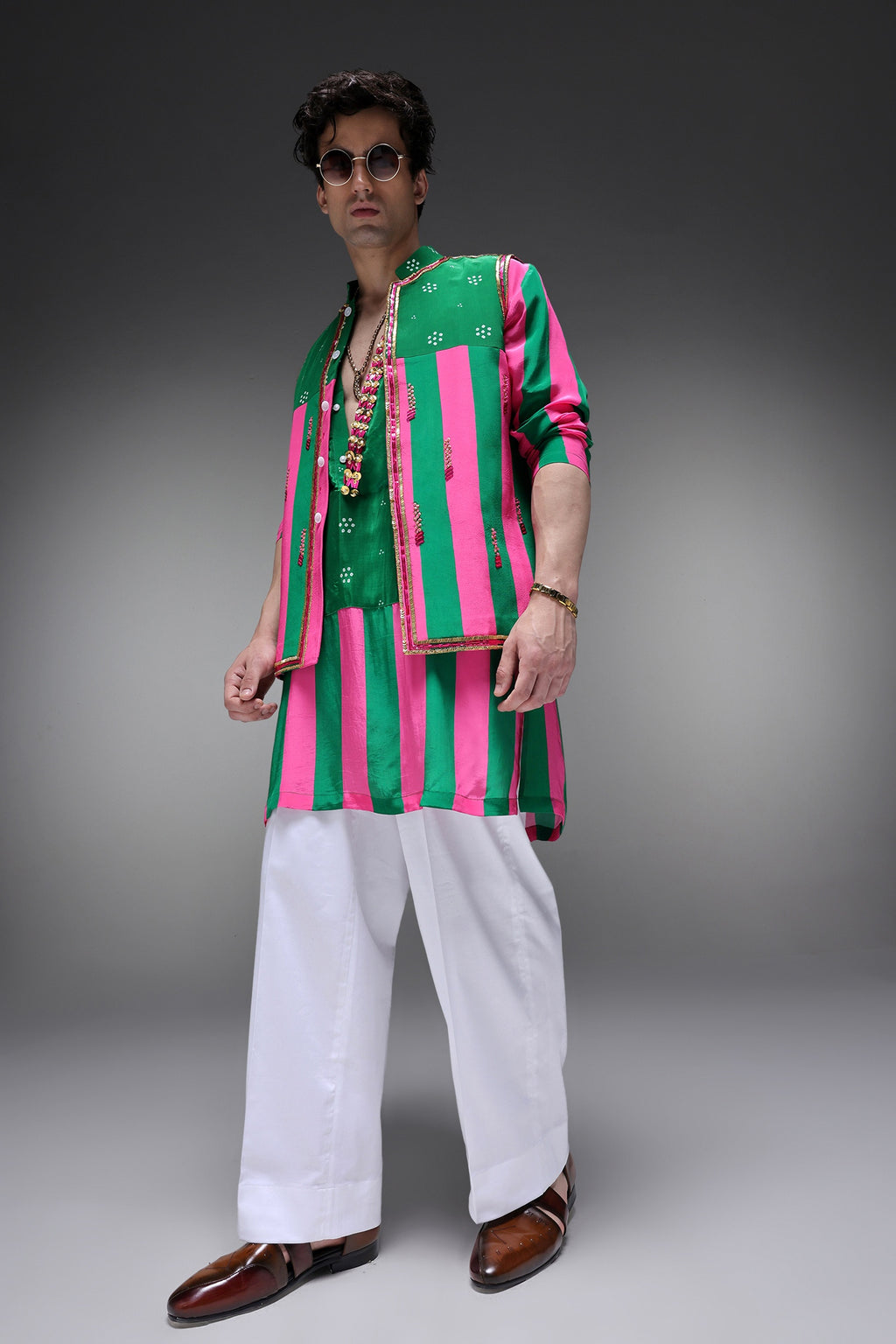 Elaris - Hand Embroidered Designer Bundi With Kurta - Pink & Green