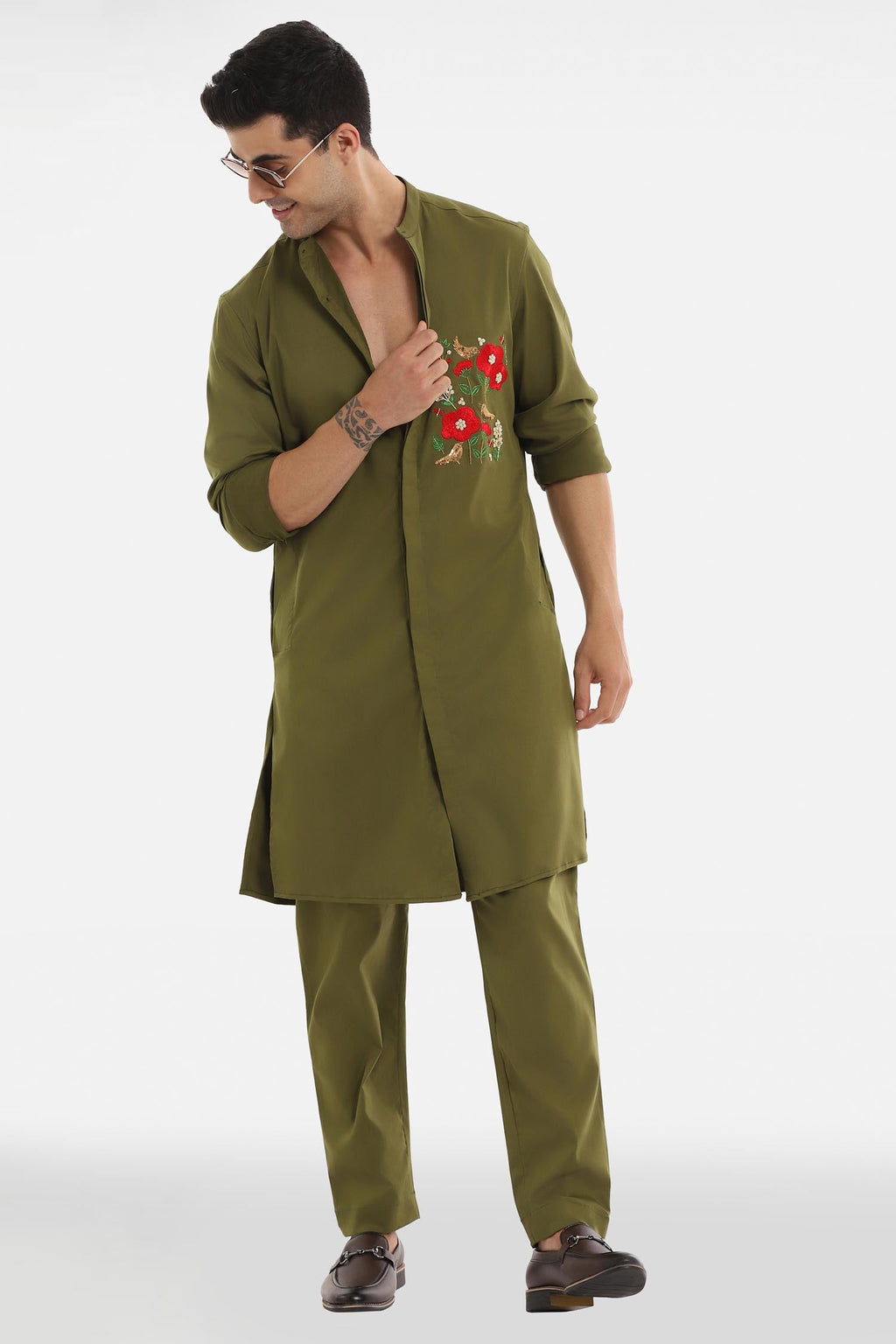Birds Blossom Kurta - Olive Green