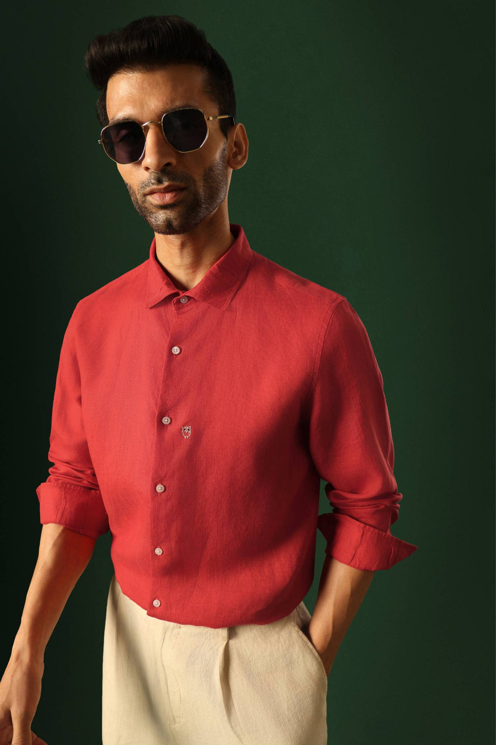 Owl Hand Embroidered Irish Linen Shirt - Red
