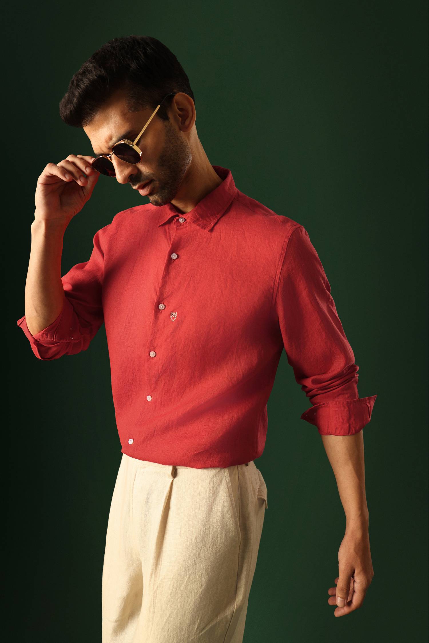 Owl Hand Embroidered Irish Linen Shirt - Red