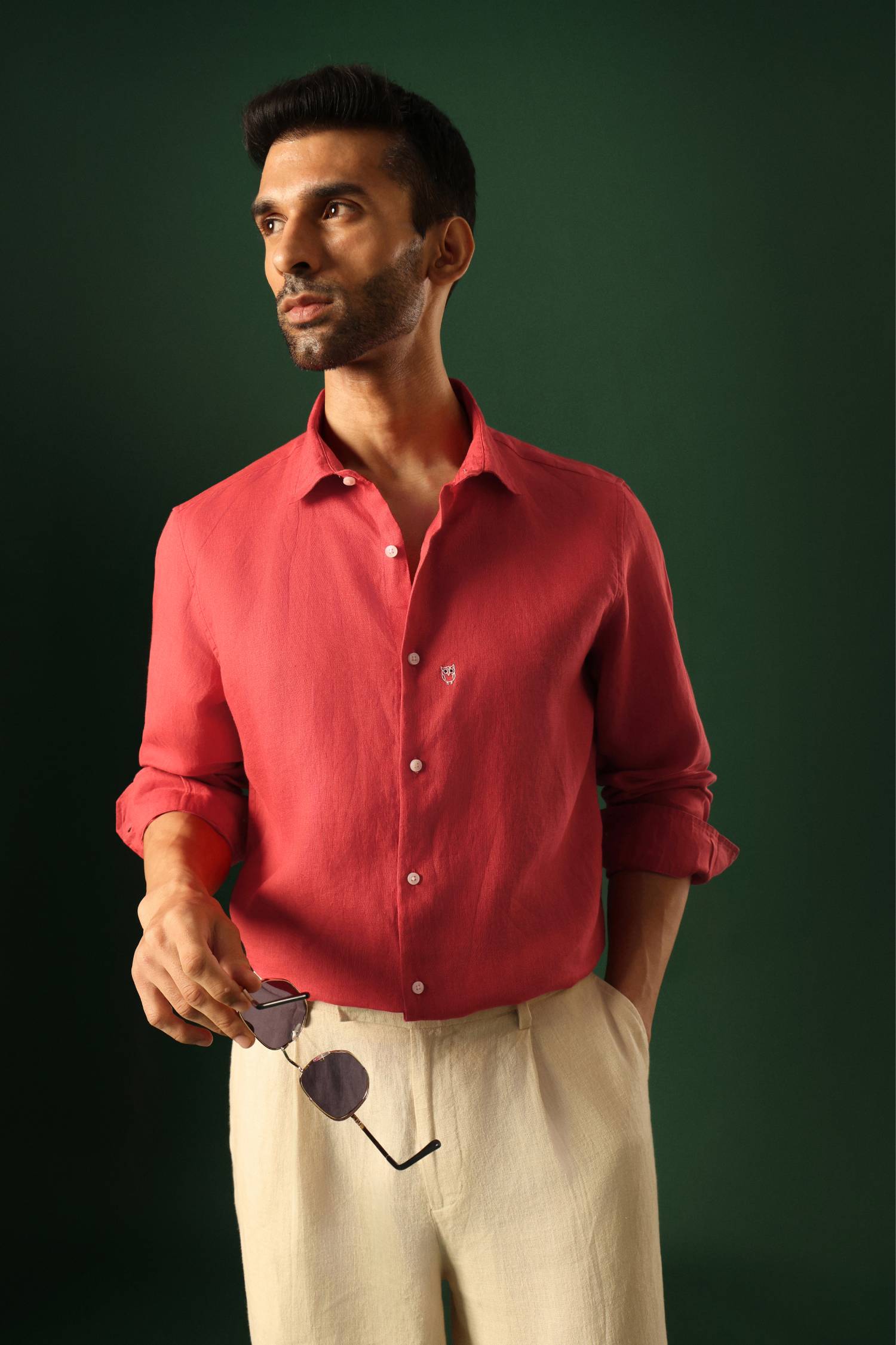 Owl Hand Embroidered Irish Linen Shirt - Red