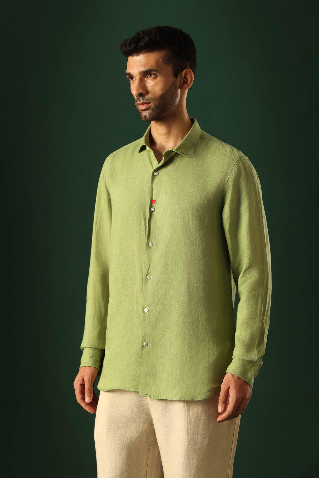 Heart Hand Embroidered Irish Linen Shirt - Green