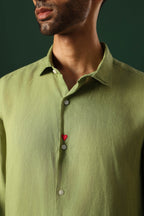 Heart Hand Embroidered Irish Linen Shirt - Green
