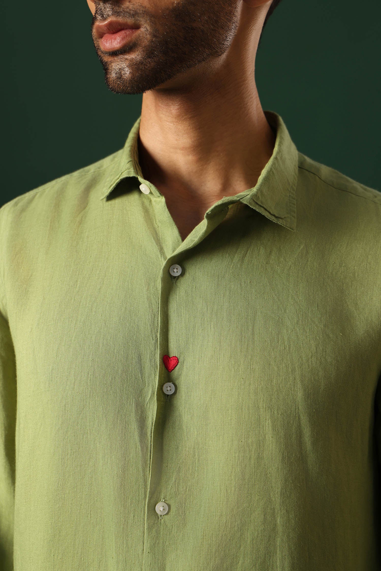 Heart Hand Embroidered Irish Linen Shirt - Green