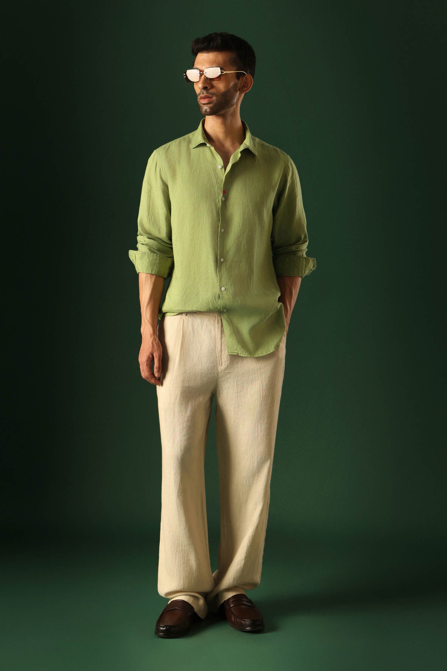 Heart Hand Embroidered Irish Linen Shirt - Green