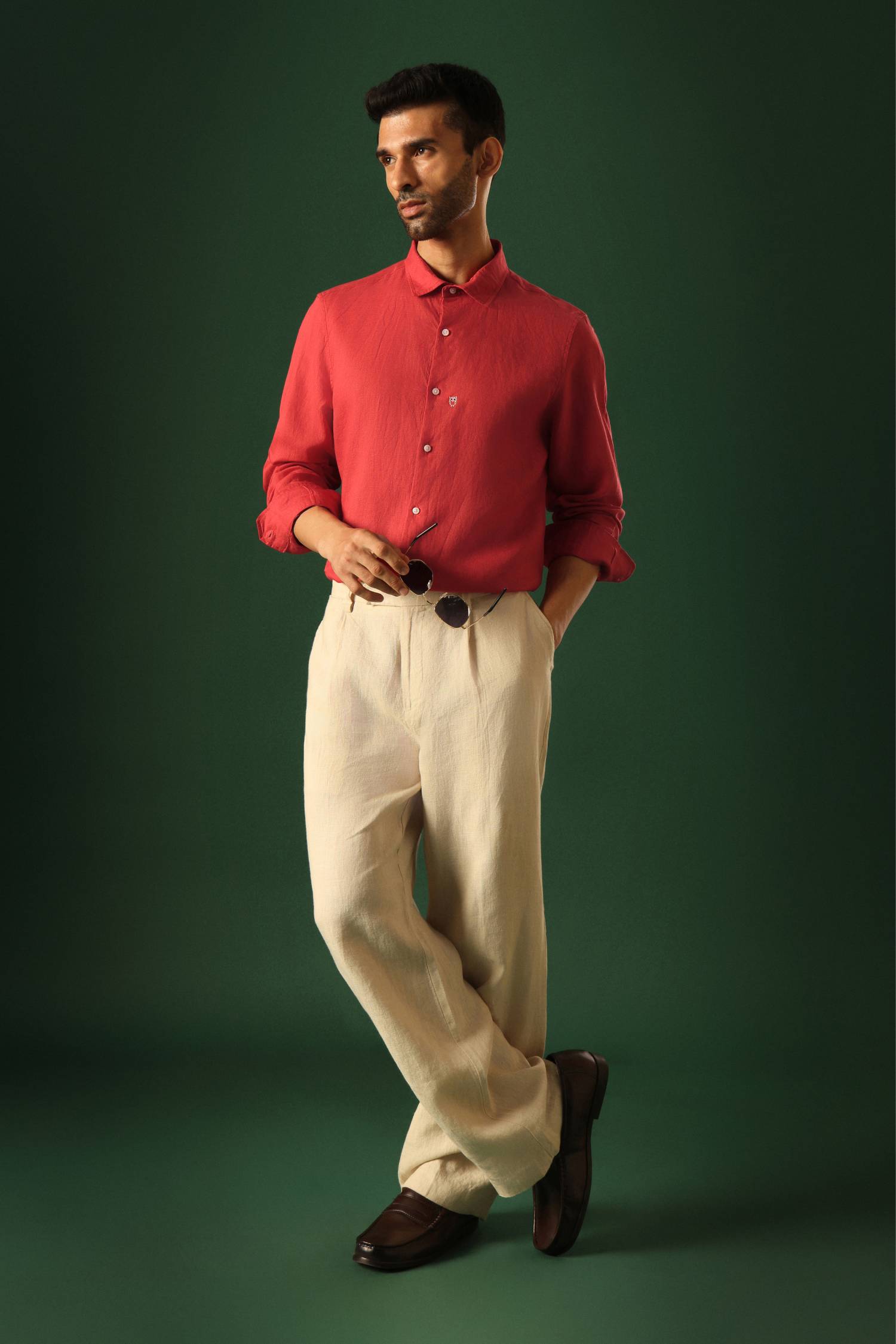 Owl Hand Embroidered Irish Linen Shirt - Red