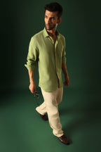 Heart Hand Embroidered Irish Linen Shirt - Green