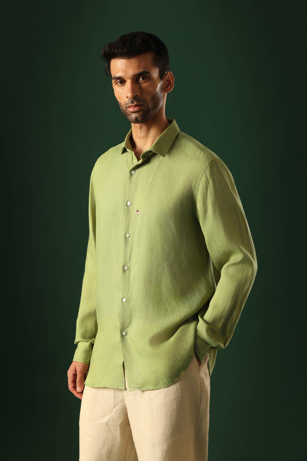 Daisy Hand Embroidered Irish Linen Shirt - Green