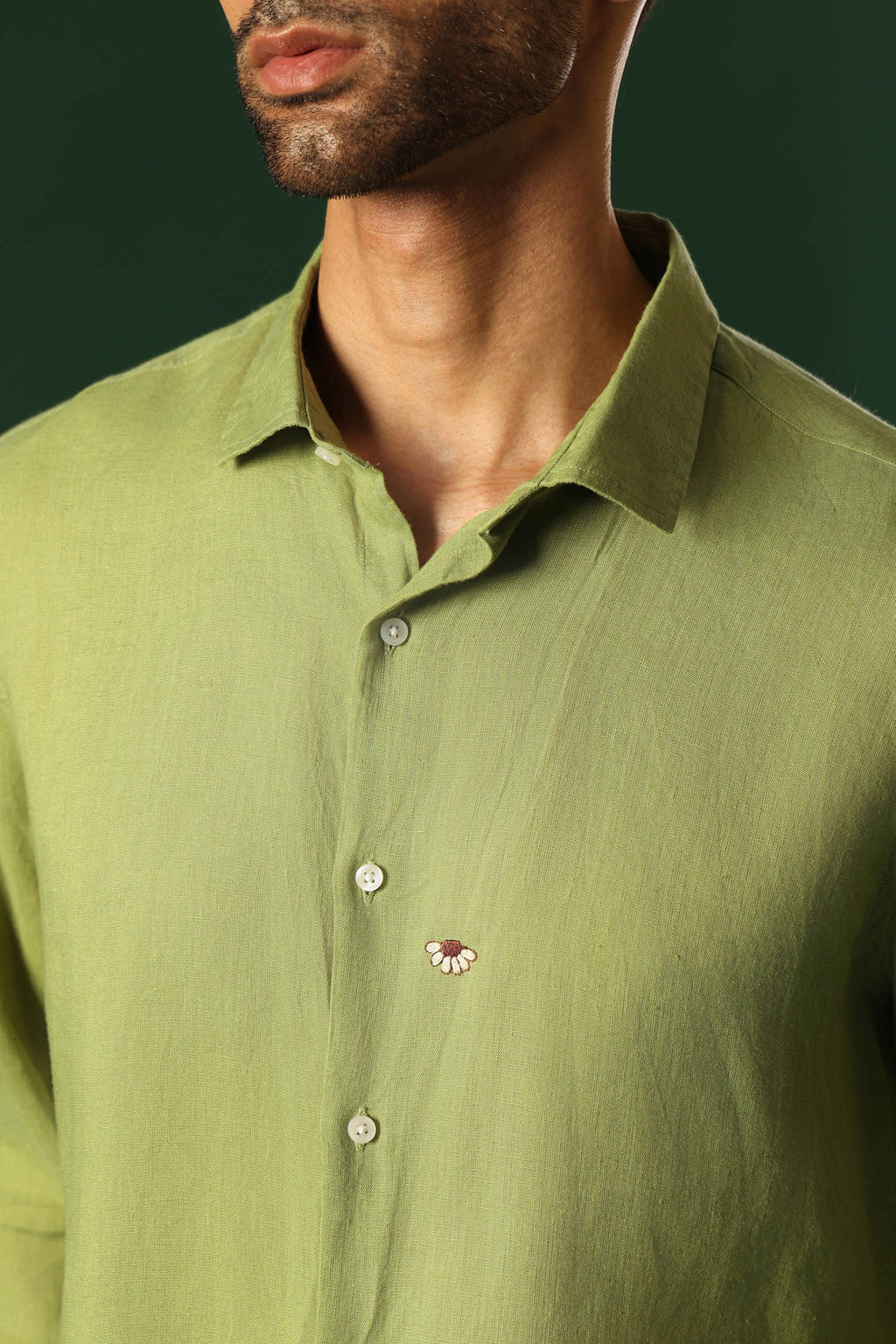 Daisy Hand Embroidered Irish Linen Shirt - Green