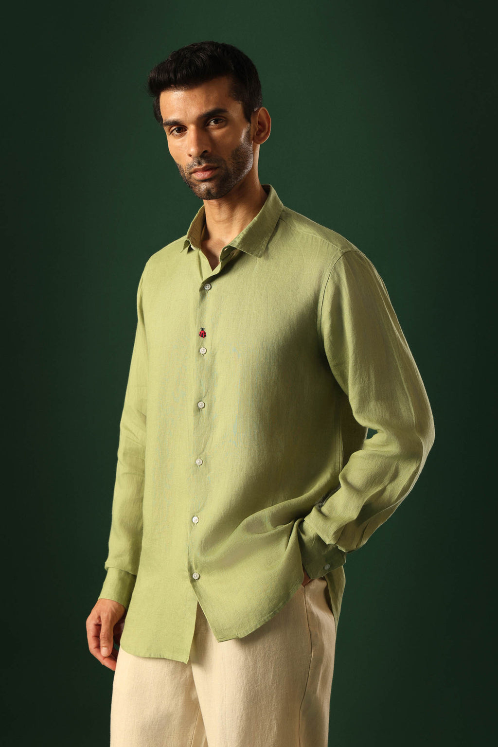 Lady Bug Hand Embroidered Irish Linen Shirt - Green