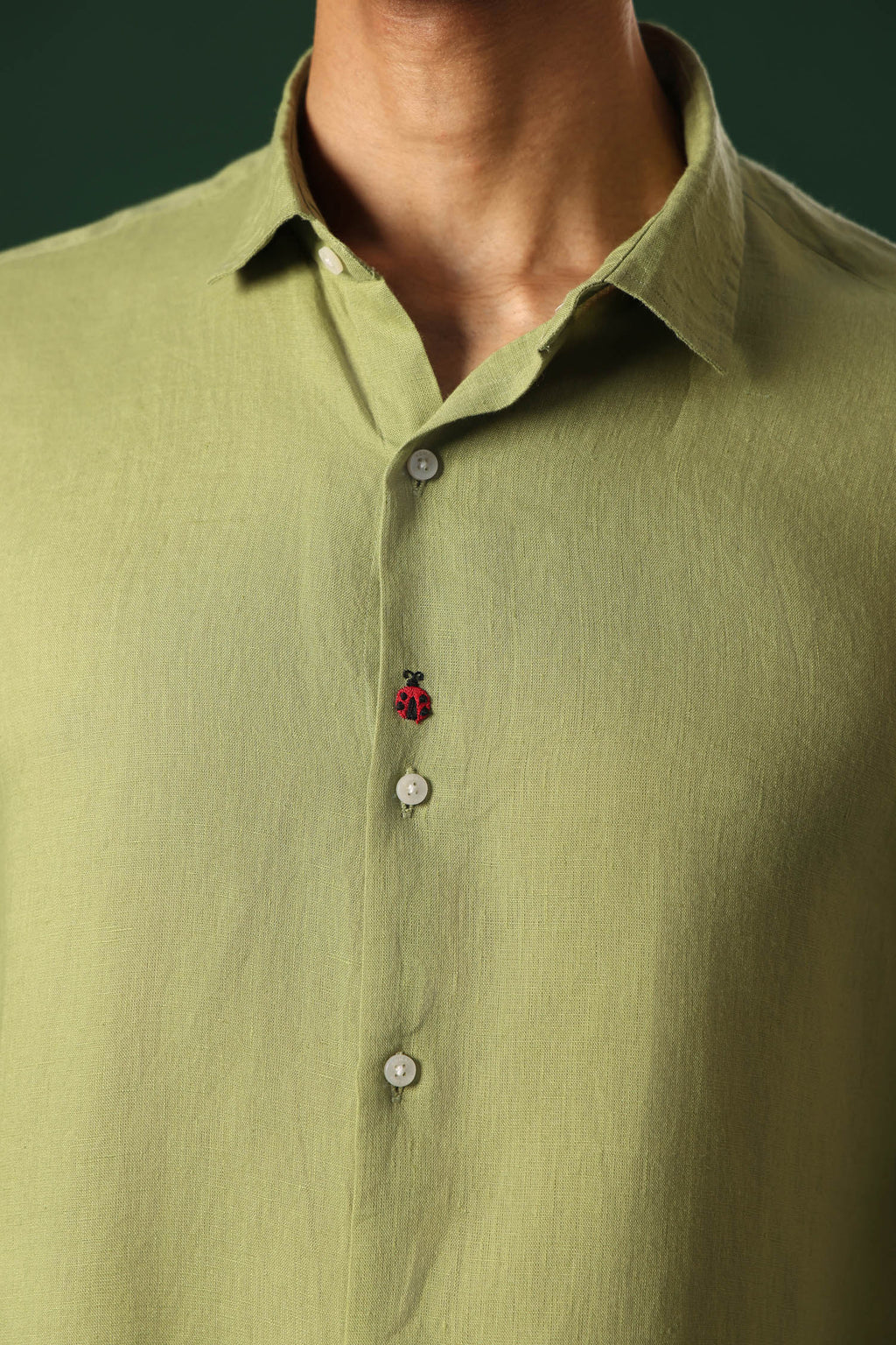 Lady Bug Hand Embroidered Irish Linen Shirt - Green