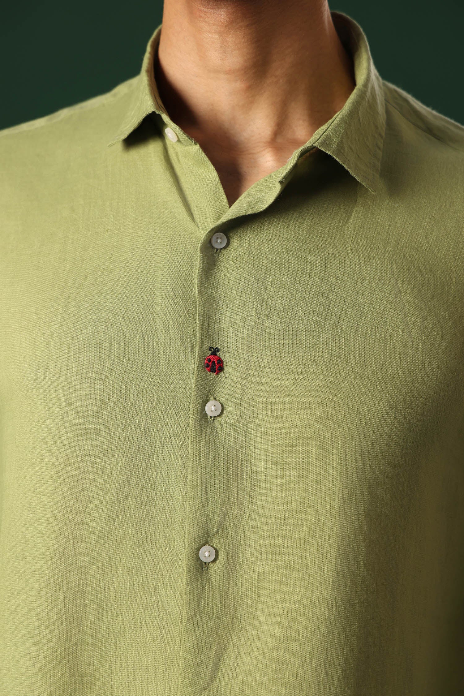 Lady Bug Hand Embroidered Irish Linen Shirt - Green
